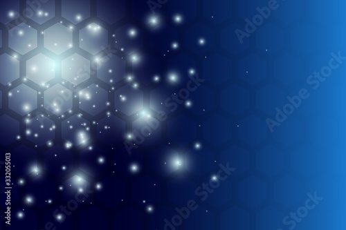 Abstract blue hexagon pattern with sparkle effect and copy space for text or messages on right side.