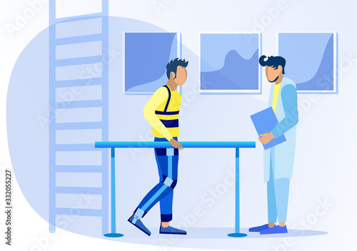 Disabled Man Patient with Bionic Leg Prosthesis Exercising on Gymnastic Handrails under Male Doctor Control. Physiotherapeutic Room in Medical Rehabilitation Center. Vector Flat Illustration