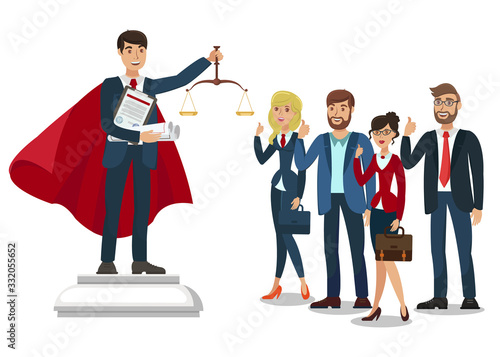 Attorney School Graduate Flat Vector Illustration. Law University Faculty Students. Young Lawyer, Judge Cartoon Character Holding Justice Scales. Advocate, Tutor on Podium with Judgement Symbol