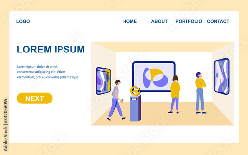 Landing Page Presenting Contemporary Art Gallery. People Visitors. Artworks, Pictures, Painting and Creative Structure Compositions in Show Room. Exhibition at Museum. Vector Flat Cartoon Illustration
