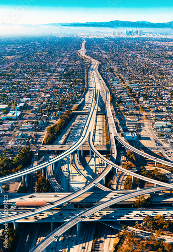 Bild auf Leinwand Aerial view of a massive highway intersection in Los Angeles