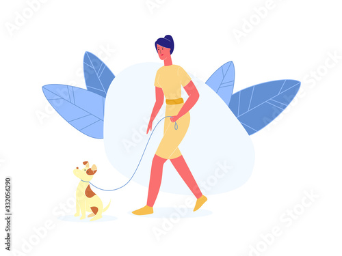 Happy Woman Walking with Dog on Street in Park, Girl Character Spend Time with Domestic Animal, Friendship, Lifestyle, Leisure with Pet, Human and Animal Relation Cartoon Flat Vector Illustration