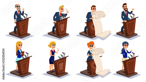 Cartoon People Public Speaker Set Vector Illustration. Man Woman Character on Tribune Talk Microphone. Politics Senator Minister Conference , Candidate Debate Election. Business Entrepreneur