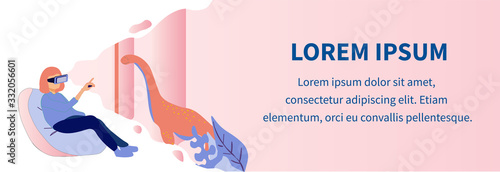 Text Banner Advertising Virtual Paleontological Museum. Cartoon Woman in VR Glasses Looking at Prehistoric Dinosaur Real Visualization. Augmented Reality, High Technology. Vector Flat Illustration