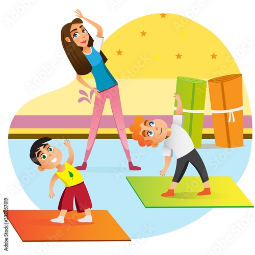 Cartoon Mother Doing Exercise with Children on Floor Mat Vector Illustration. Kid Practice Yoga Home Indoors. Woman Teaching Sport Training Boys. Family Pilates Gymnastics Practice