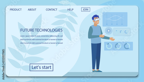 Future Technologies Flat Design Landing Page. Carton Business Man Character in Headset VR Glasses Presenting Working with Financial Graphs and Charts. Virtual Reality Assistance. Vector Illustration