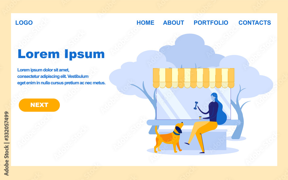 Dog Walking Service Landing Page Vector Template. Young Woman Rest Outdoors with Domestic Animal Cartoon Character. Domestic Animal Care Advice Website Homepage Concept with Flat illustration
