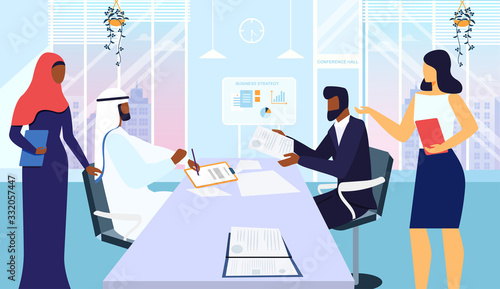 Conference Room Meeting Flat Vector Illustration. Businessmen and Personal Assistants Cartoon Characters. Business Development Strategy Discussion. Partnership Contract, Legal Papers Signing