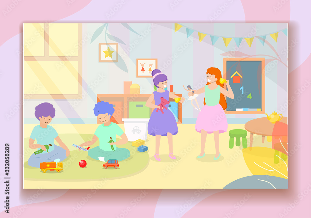 Children Playing in Kindergarten. Little Boys and Girls Preschoolers Spending Time in Nursery School with allot of Toys and Blackboard for Studying. Day Care Center Cartoon Flat Vector Illustration Children Playing in Kindergarten. Little Boys and Girls Preschoolers Spending Time in Nursery School with allot of Toys and Blackboard for Studying. Day Care Center Cartoon Flat Vector Illustration