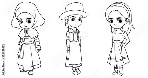 Collection of cartoon girl wearing French German and Greek costume used for coloring book