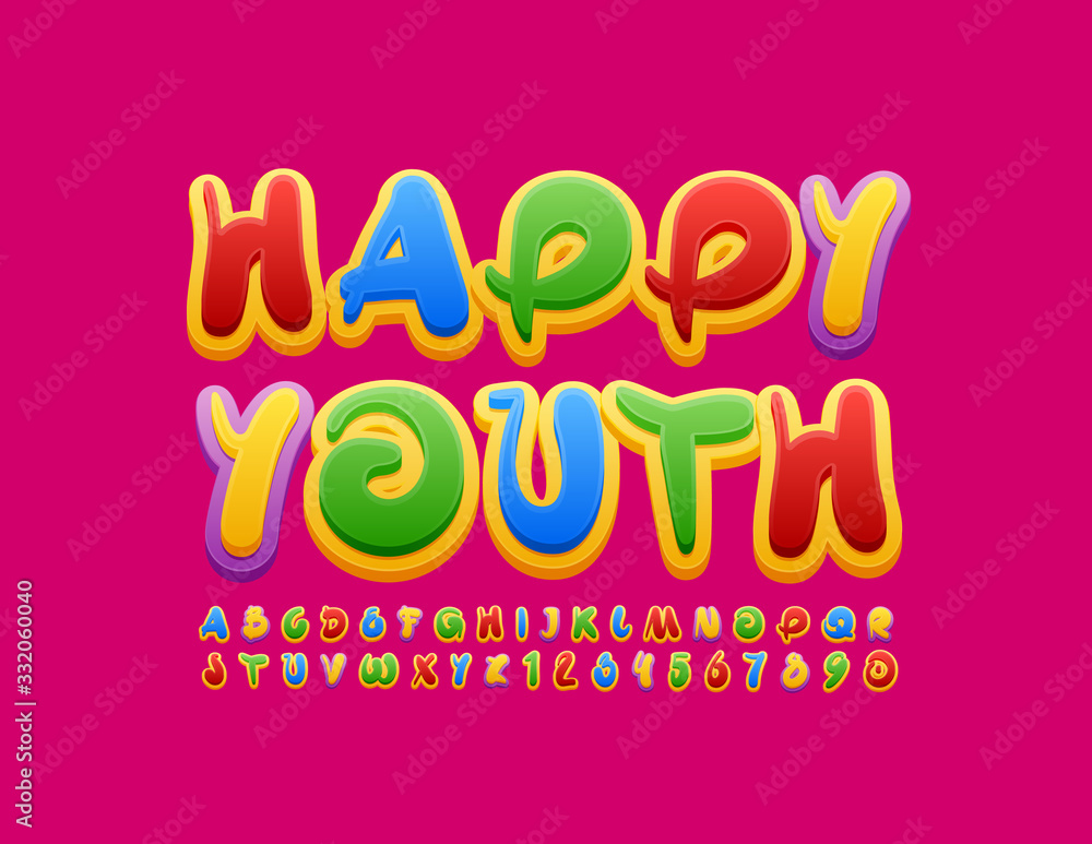 Vector colorful card Happy Youth with creative Font. Bright Alphabet Letters and Numbers