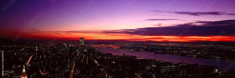 Panoramic view of Empire State Building, World Trade Center, Hudson River, Manhattan, NY and New Jersey