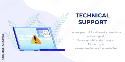 Text Banner with Cartoon Broken Laptop Offer Technical Support Computer Repair Service. Vector PC Monitor with Warning Sign and Alert Irruption Window on Flat Screen Illustration. Online Maintenance