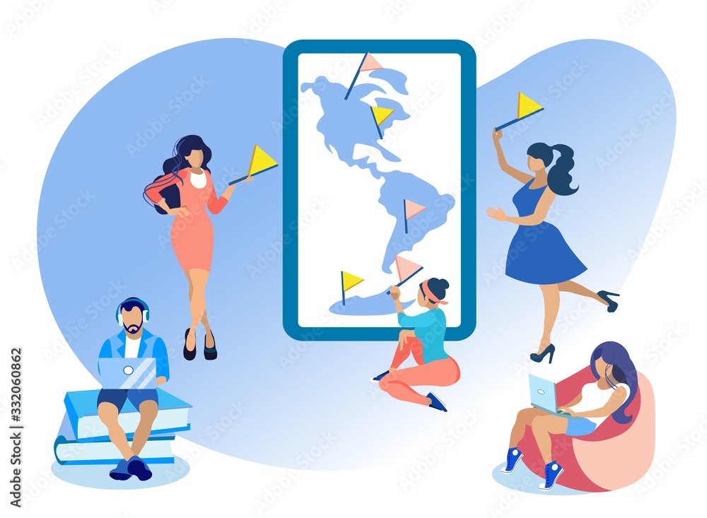 Girl Characters Putting Point Marks or Flags on Map Flat Cartoon Vector Illustration. Man in Headphones Sitting on Book Pile with Laptop. Girl Working on Device. Globe in Big Tablet.