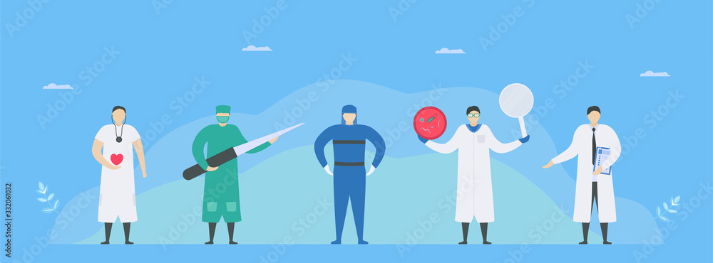 Fototapeta premium Heart medical team for endocarditis. This team include cardiologists, cardiac surgeon, infectious disease physician, microbiologist and intensivist. Character doctors design.