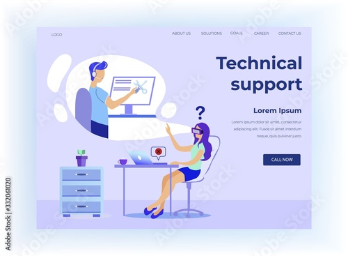 Landing Page Offers Technical Support and Virtual Help. Cartoon Woman in VR Headset Glasses Controls Repairman Eliminating Computer Error. Augmented Reality Simulation. Vector Flat Illustration