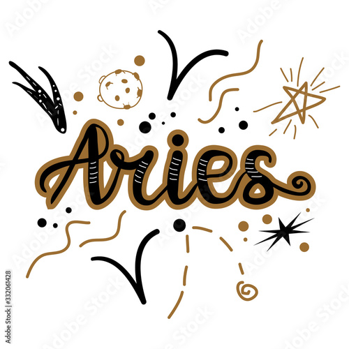 Aries zodiac illustration. Hand painted lettering poster.