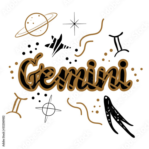Gemini zodiac illustration. Hand painted lettering poster.