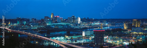 Panoramic night shot of Cincinnati skyline and lights, Ohio and Ohio River as seen from Covington, KY © spiritofamerica