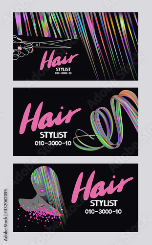 Hair stylist busines cards with multicolor abstract hair. Vector illustration