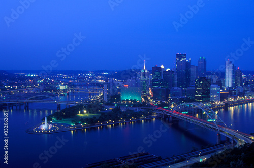Intersection of Allegheny River, Monongahela River and Ohio River at dusk from Mount Washington, Pittsburgh, PA