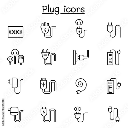 Plug, usb, cable, socket icon set in thin line style