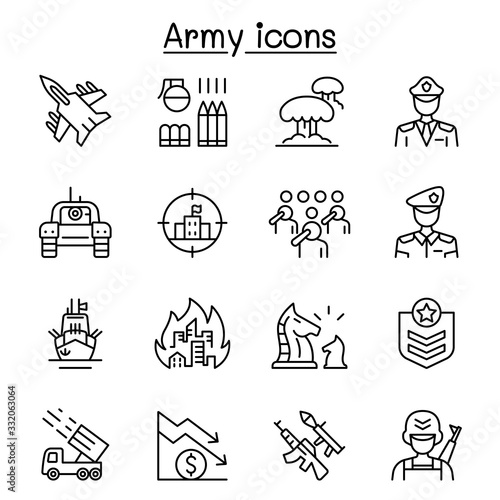 War & army icons set in thin line style