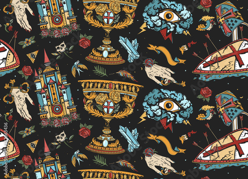 Medieval seamless pattern. Old school tattoo. Warrior crusader, sacred holy grail, ancient castle, occult hands, all seeing eye, sword and arrows. Middle age art. Traditional tattooing style