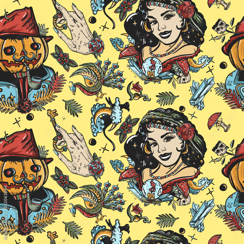 Halloween seamless pattern. Old school tattoo style. Witch woman, gypsy, crystal ball, Jack O' Lantern, occult hands. Dark gothic fairy tale background