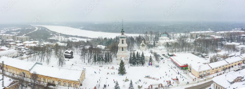 Panorama of the small town of Slobodskoy near Kirov on a winter day from above. Russia from the drone