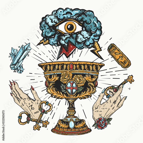 Medieval. Alchemy art. Sacred holy grail, occult hands and all seeing eye. Middle age art. Traditional tattooing style
