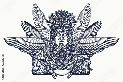 Ancient totem and wings, tattoo and t-shirt design. Mesoamerican mythology. Aztec art. Mexican god