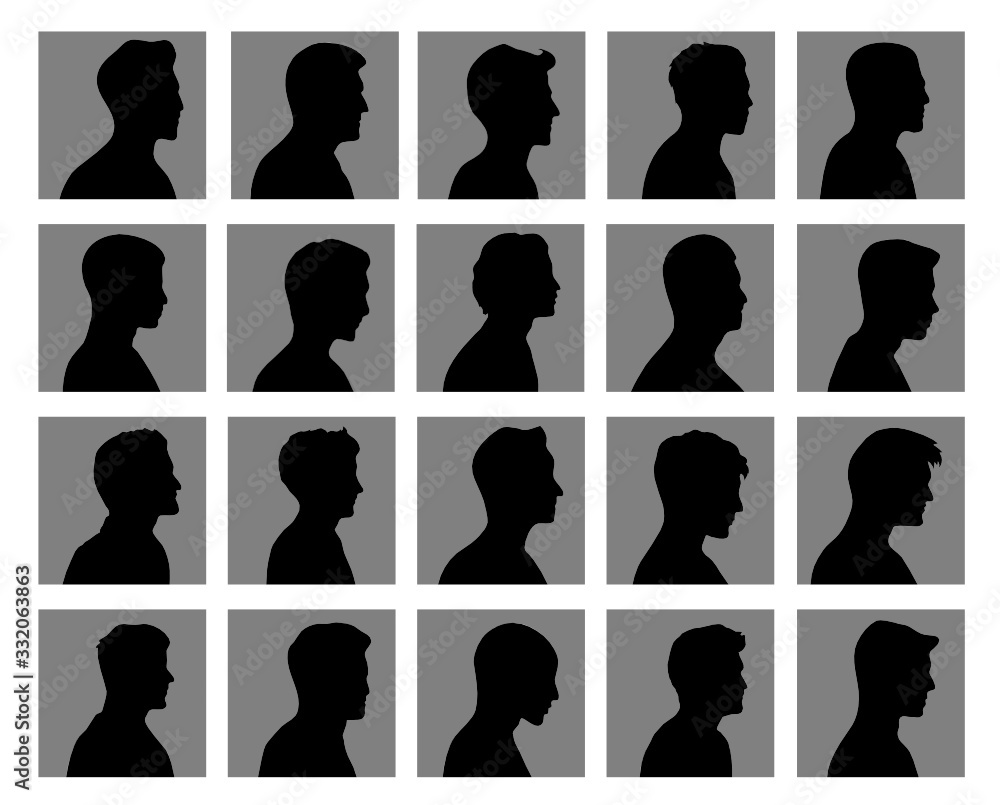 20 Silhouette men avatar set, on side view, Isolate on gray square background. 20 Silhouette men avatar set, on side view, Isolate on gray square background.
