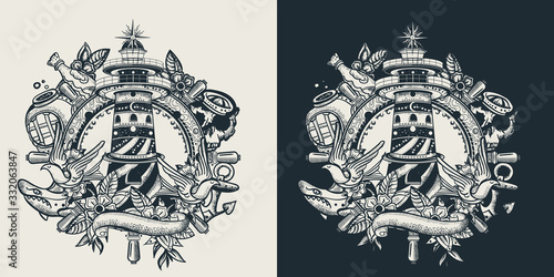 Lighthouse. Template for clothes, covers, emblems, stickers, poster and t-shirt design. Beacon, steering wheel, shark, anchor. Typography art. Vector illustration