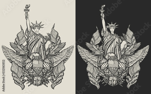 Statue of liberty, eagle, flag and map. United States of America. Patriotic art. Template for clothes, covers, emblems, stickers, poster and t-shirt design. Typography art. Vector illustration