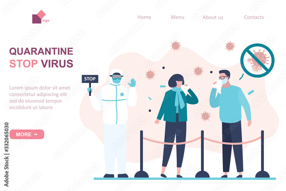 Viral quarantine landing page template. Sick masked people. Characters sneeze and cough. Virus covid-19.