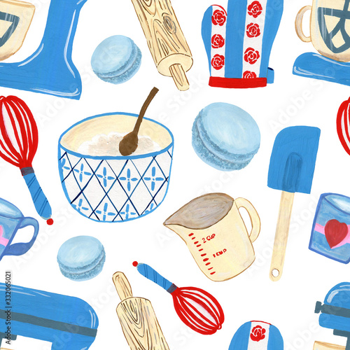 Kitchen baking mixer pattern on white background blue set color bright illustration of bake shop and pastry dessert  ornament