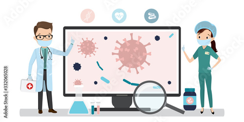 Virologists warn of a new virus, searching for antivirus and medication. Scientists in protective uniform. Viral laboratory