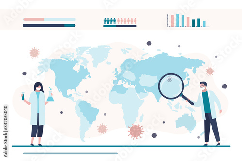 The spread of new virus on planet infographics. Virologists are researching new virus and global statistic.