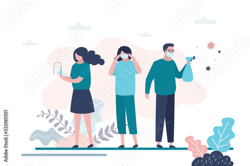Virus prevention concept. Group of people wash their hands, wear protective masks and disinfect objects.