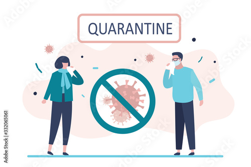 Viral quarantine concept. Sick masked people. Male and female character people sneeze and cough. Virus covid-19.