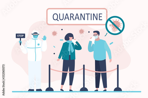 Viral quarantine concept. Sick masked people. Characters sneeze and cough. Virus covid-19.
