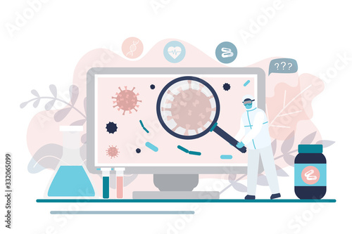 Scientist uses magnifying glass to research. Human in protective uniform. Viral laboratory, vaccine search.