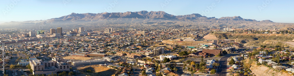 Panoramic view of skyline and downtown of El Paso Texas looking toward Juarez, Mexico