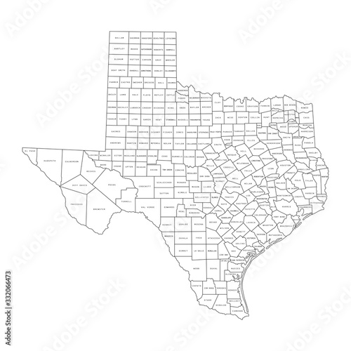 Vector illustration of administrative division map of Texas. Vector map.