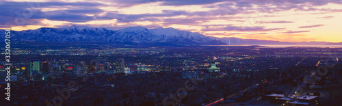 Panoramic sunset of Salt Lake City with snow capped Wasatch Mountains © spiritofamerica