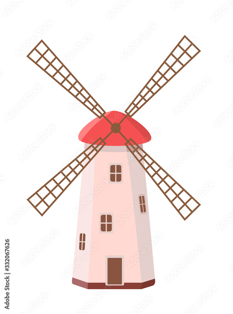 Windmill with wooden blades isolated on a white background. Vector drawing of an agricultural building. Windmill with wooden blades isolated on a white background. Vector drawing of an agricultural building.