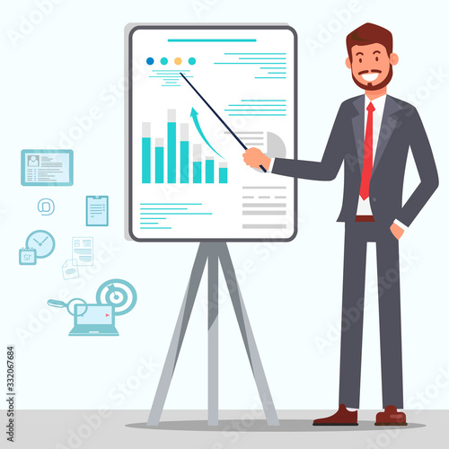 Manager Making Presentation Vector Illustration. Banker, Stock Broker, Finance Expert Analysing Graphs, Statistics on Board. Cartoon Analyst Presenting Report, Growth Rates Using Pointer