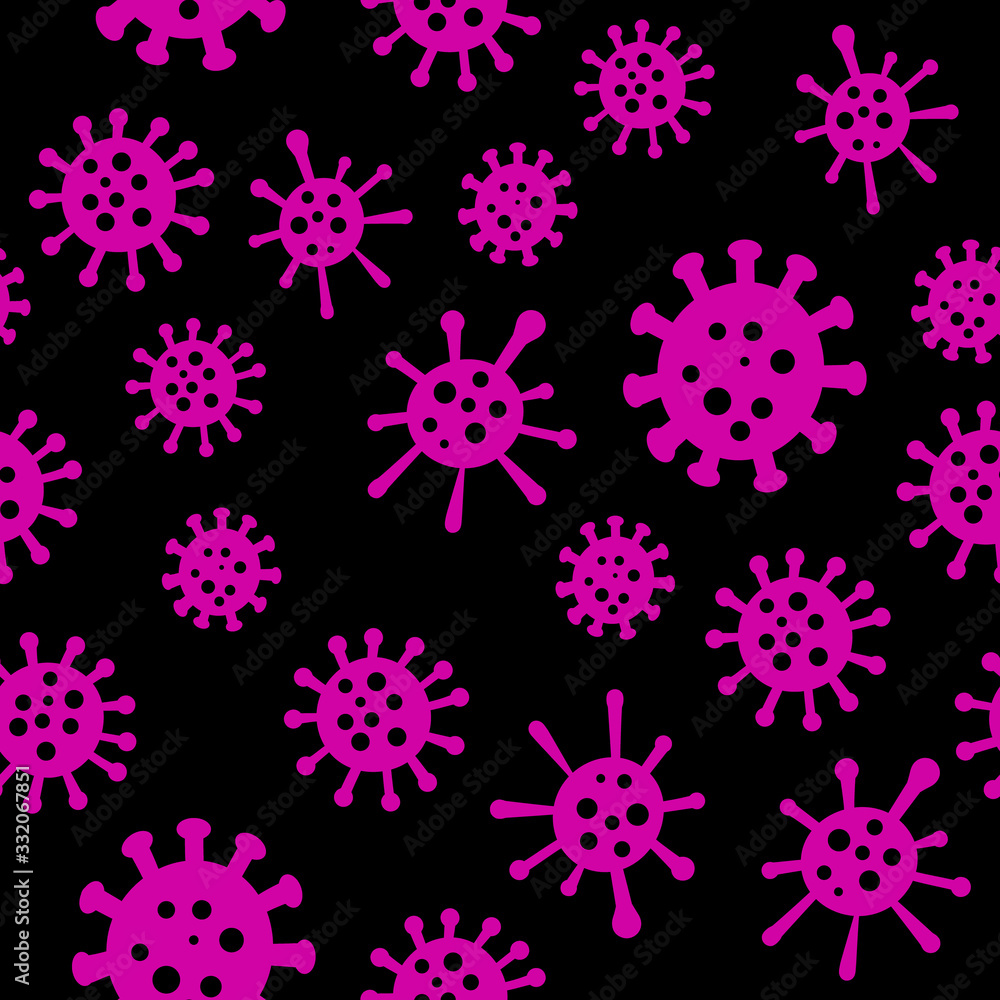 Coronavirus seamless pattern. Covid-19 pink objects isolated on black background. Vector illustration