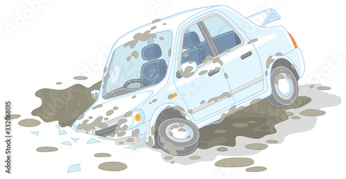 New white car had an accident in a giant dirty and deep pothole on a broken road, vector cartoon illustration isolated on a white background